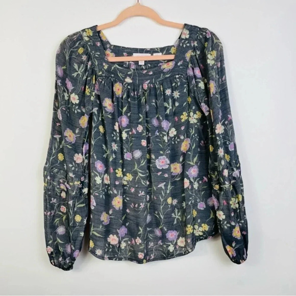 LC Lauren Conrad Gray Floral Square Neck Smock Peasant Top Blouse SZ XS - Picture 2 of 8